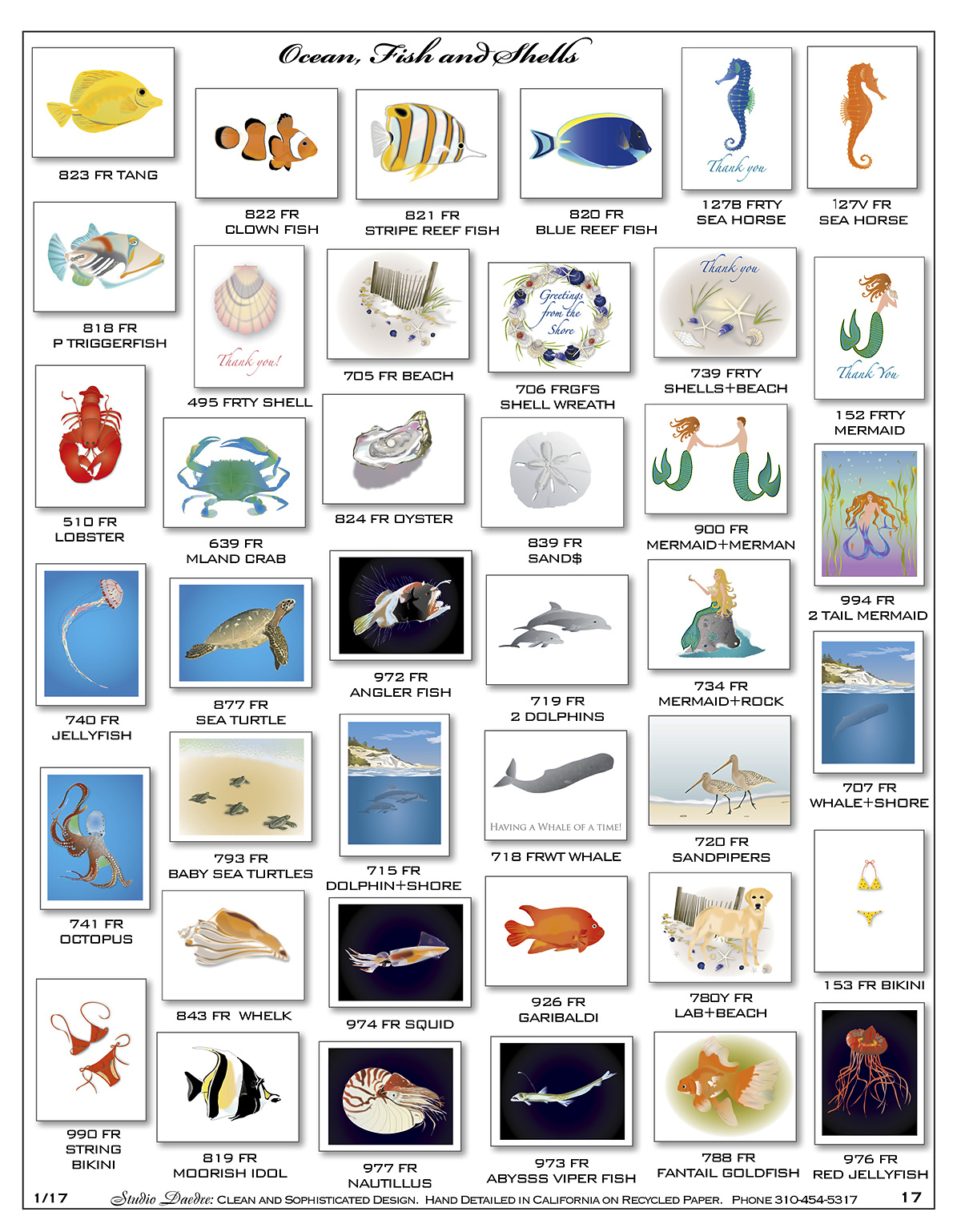 Handmade Fish, Beach, Mermaid, Lobster, and shell  notecards.